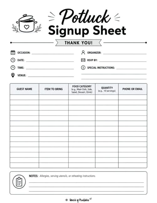 Potluck Sign Up Sheet