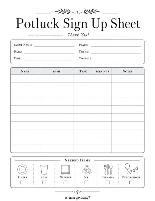 Potluck Sign Up Sheet