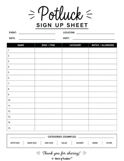 Potluck Sign Up Sheet