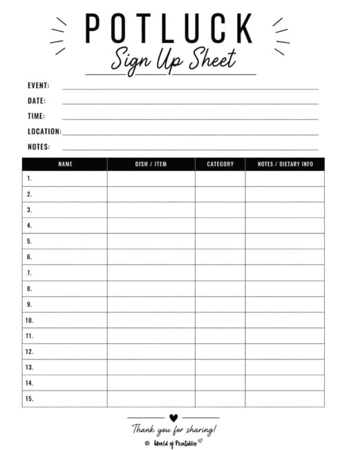 Potluck Sign Up Sheet