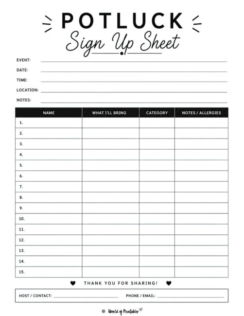 Potluck Sign Up Sheet