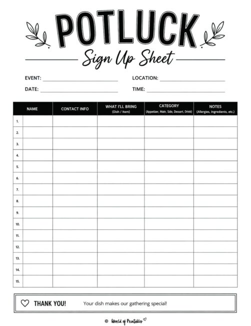 Potluck Sign Up Sheet