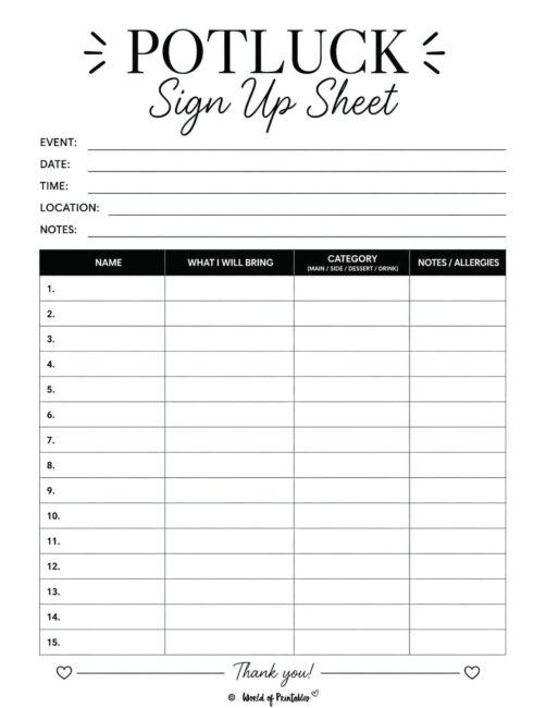 Potluck Sign Up Sheet