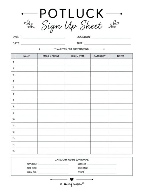 Potluck Sign Up Sheet