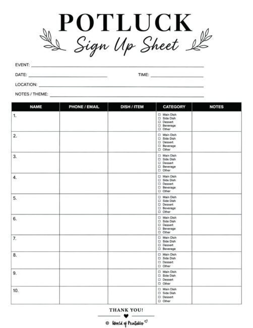 Potluck Sign Up Sheet