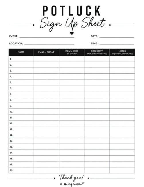 Potluck Sign Up Sheet