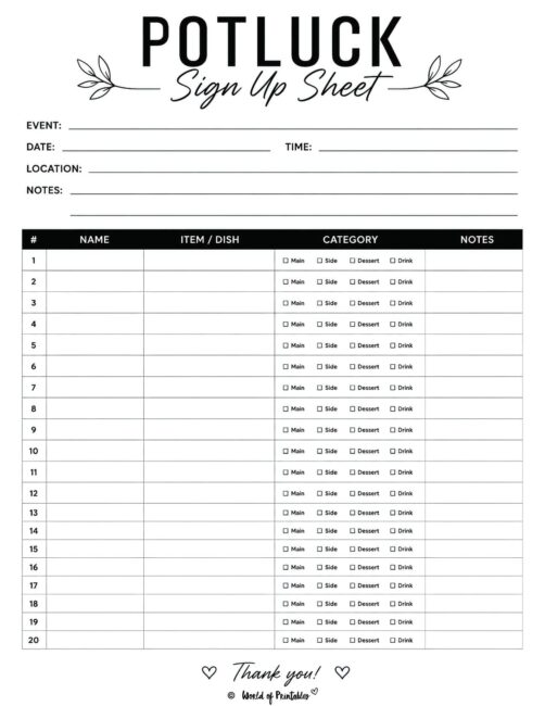 Potluck Sign Up Sheet