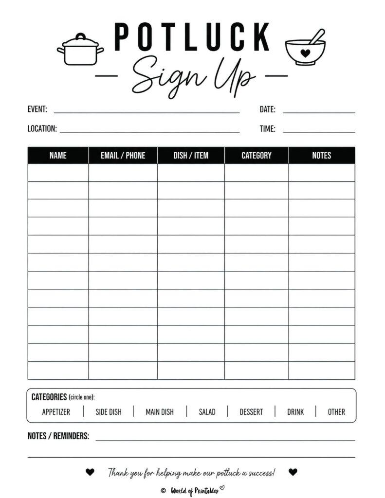Potluck Sign Up Sheet