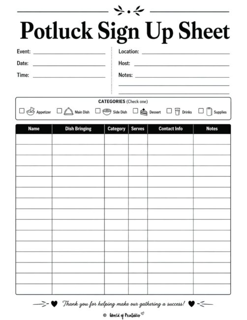 Potluck Sign Up Sheet