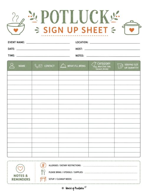 Colored Potluck Sign Up Sheet