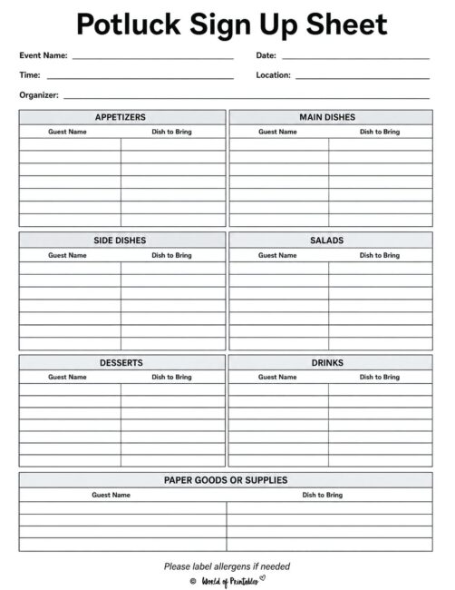 Potluck Sign Up Sheet
