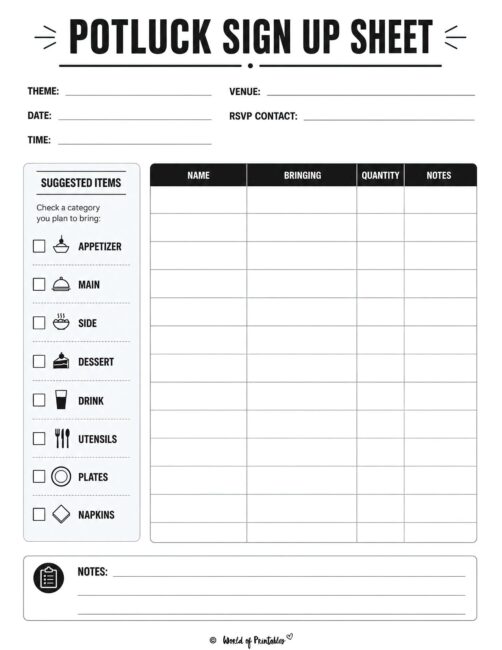 Potluck Sign Up Sheet