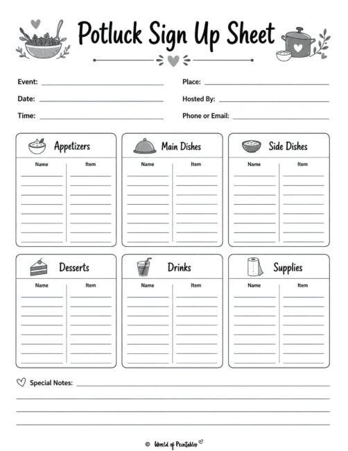 Potluck Sign Up Sheet