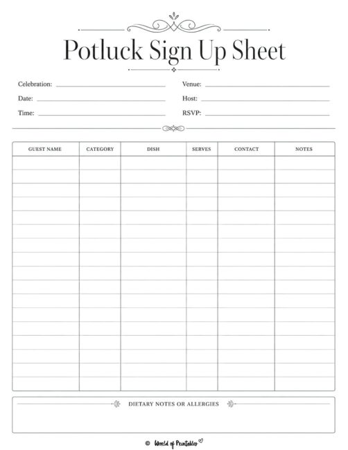 Potluck Sign Up Sheet