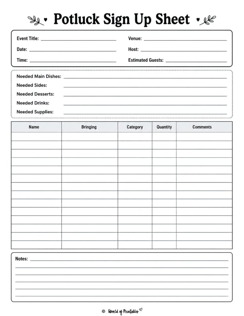 Potluck Sign Up Sheet