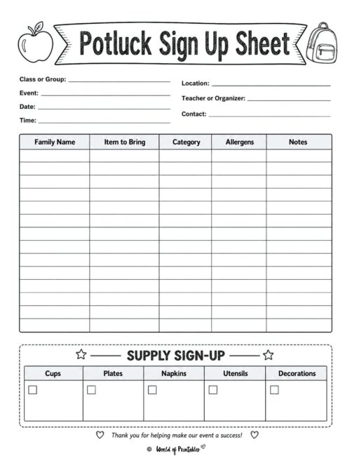 School Potluck Sign Up Sheet