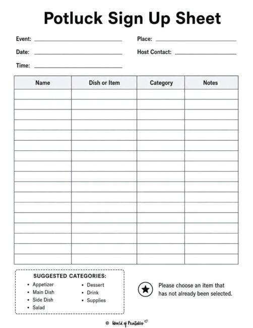 Potluck Sign Up Sheet