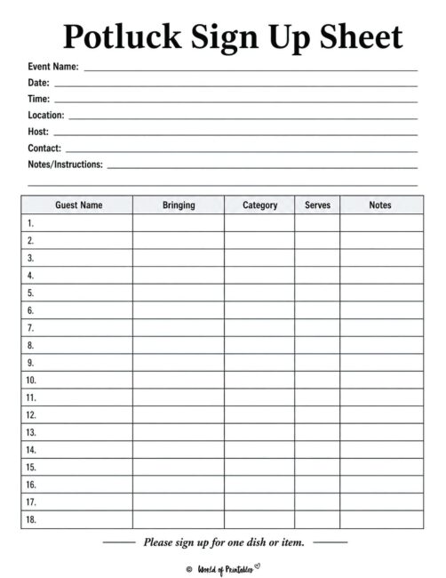 Potluck Sign Up Sheet