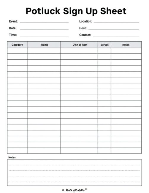 Potluck Sign Up Sheet