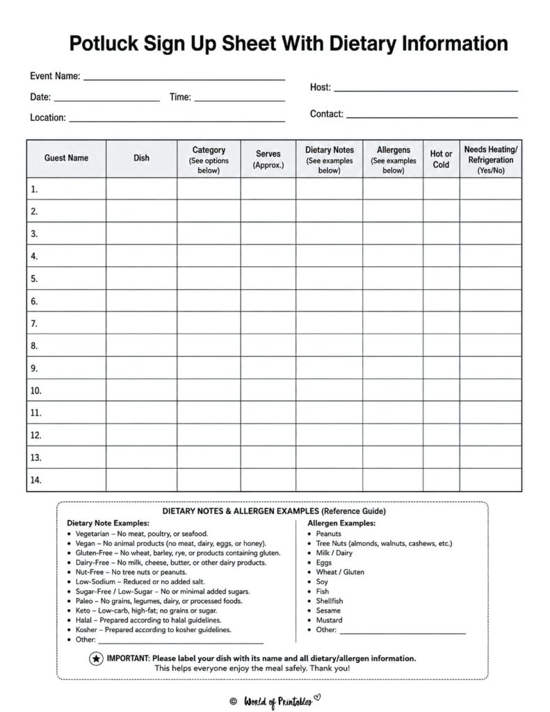 Potluck Sign Up Sheet with Dietary Information