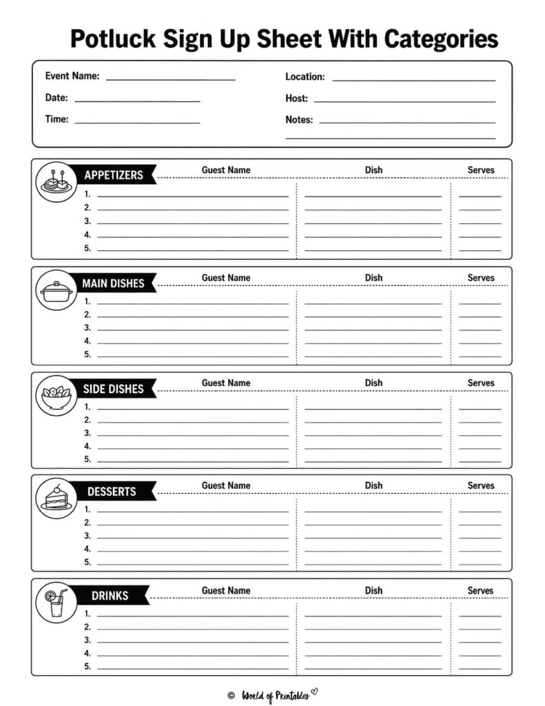 Potluck Sign Up Sheet with categories