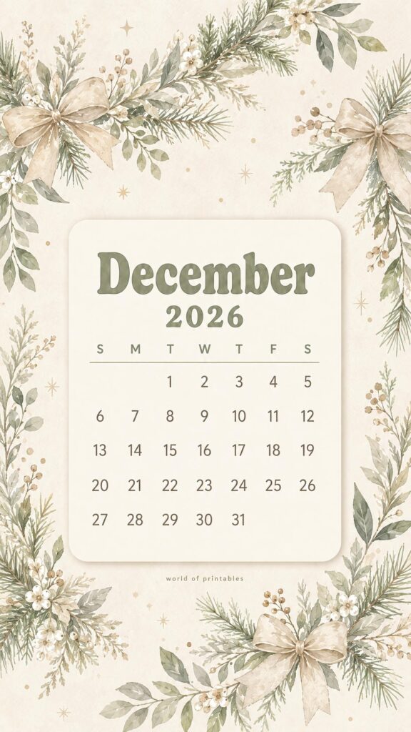 Pretty Garland December Calendar Wallpaper 2026