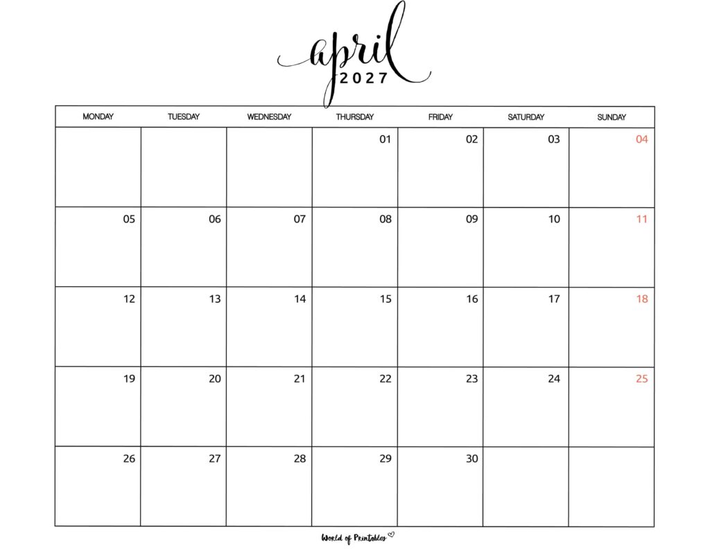 Printable April 2027 Calendar Design 1