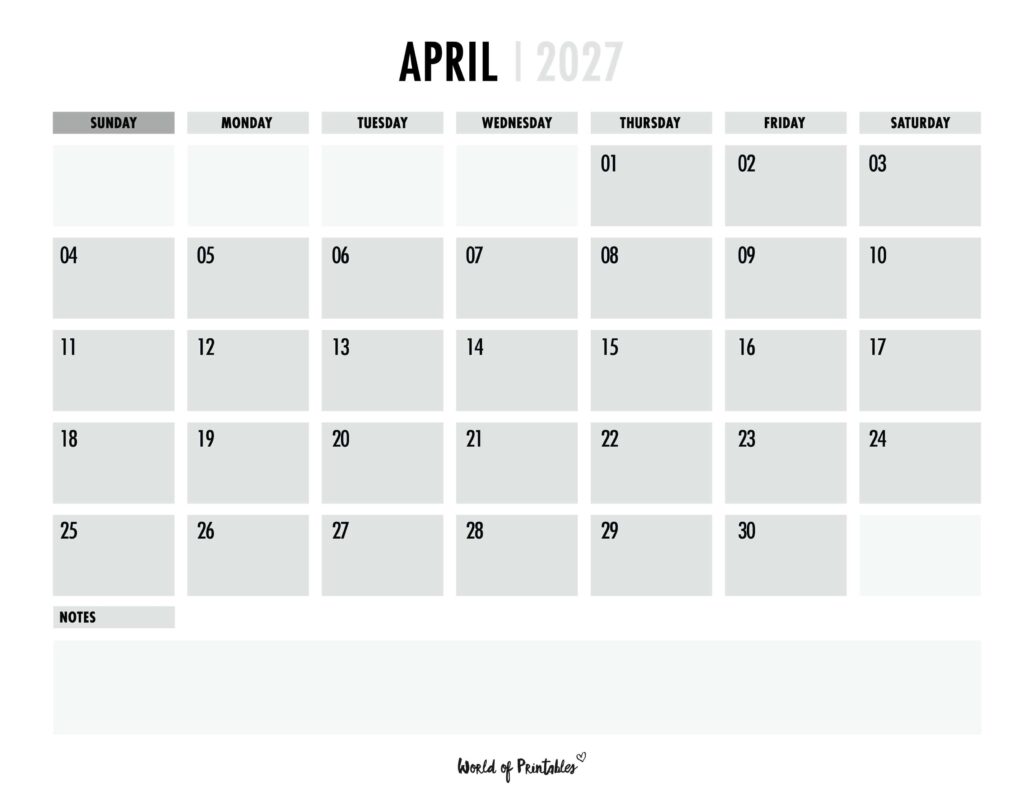 Printable April 2027 Calendar Design 101
