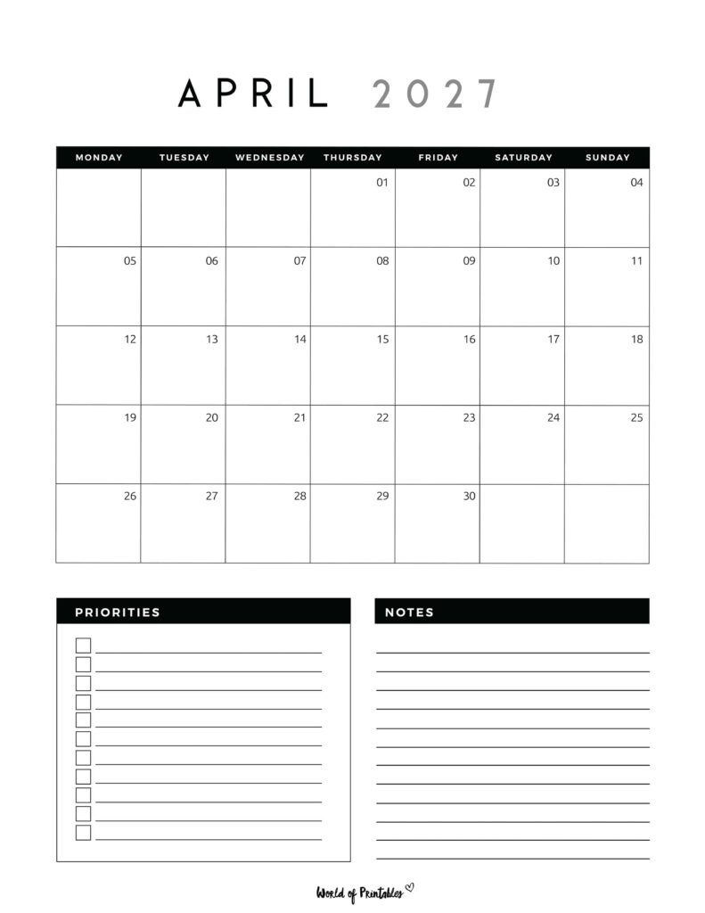 Printable April 2027 Calendar Design 123