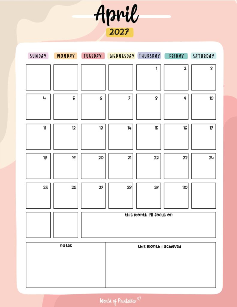 Printable April 2027 Calendar Design 89
