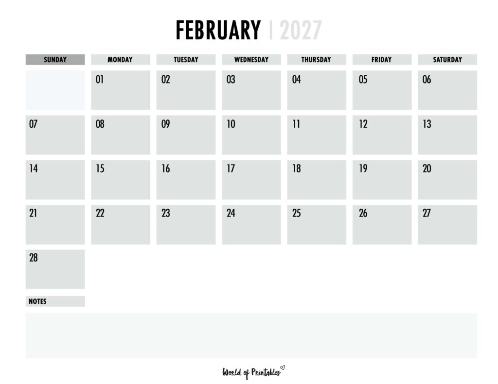 Printable February 2027 Calendar Design 101