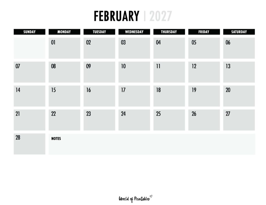 Printable February 2027 Calendar Design 102