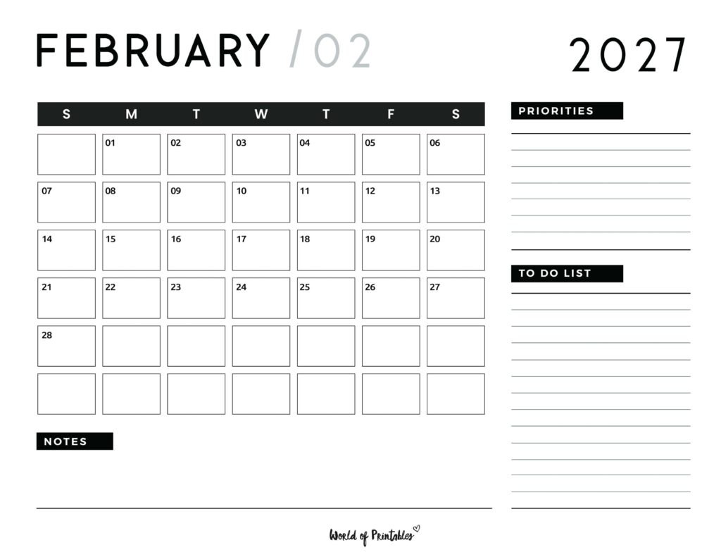 Printable February 2027 Calendar Design 107