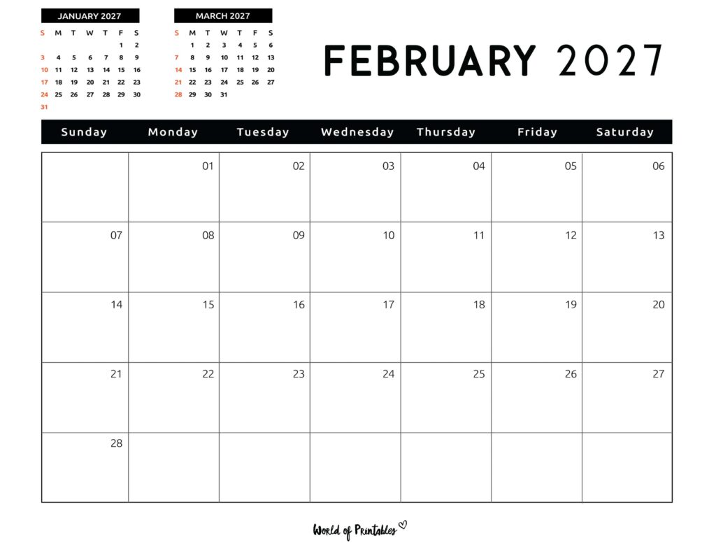 Printable February 2027 Calendar Design 122