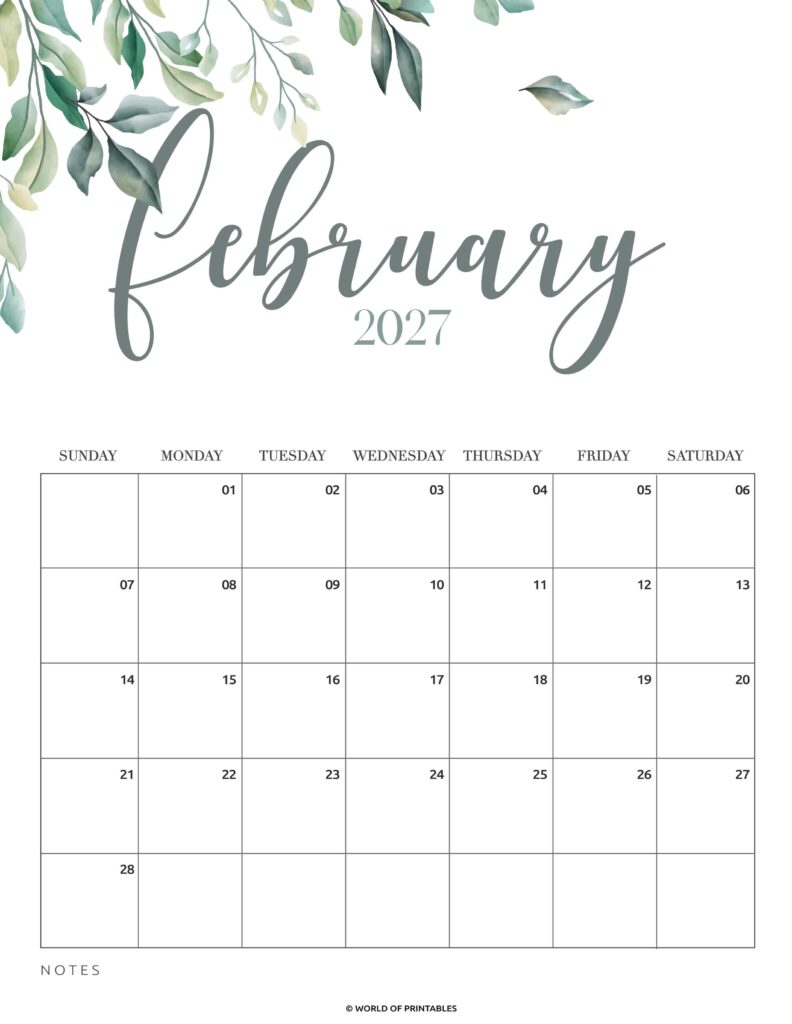 Printable February 2027 Calendar Design 2