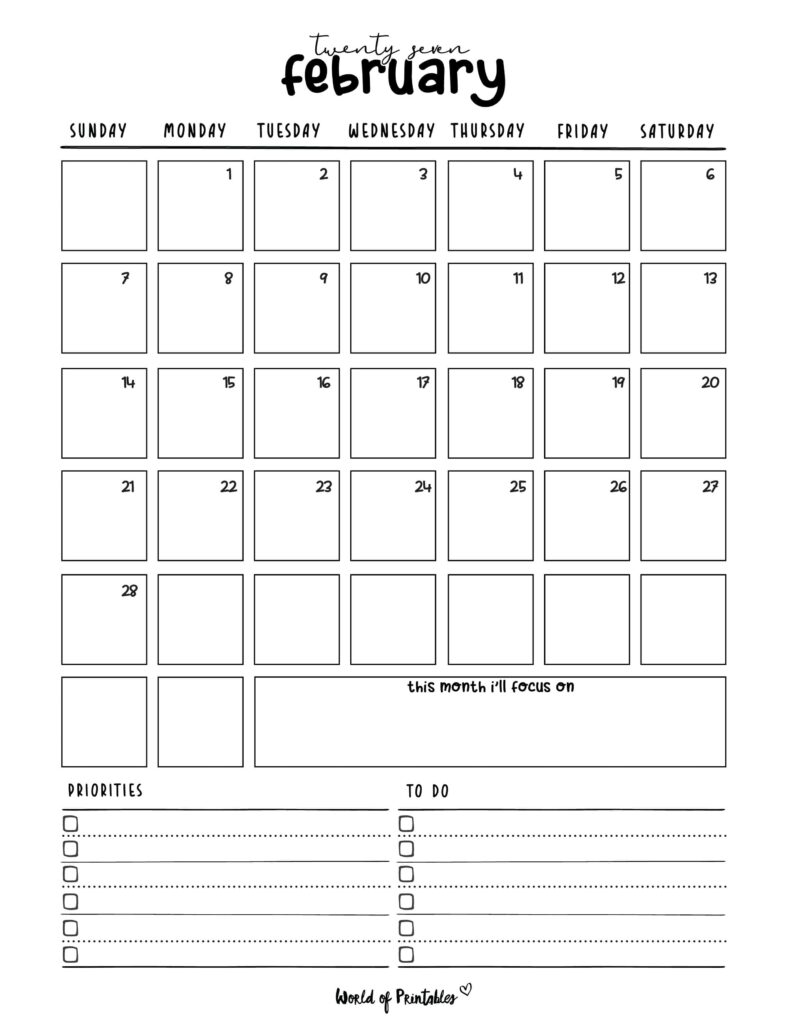 Printable February 2027 Calendar Design 214