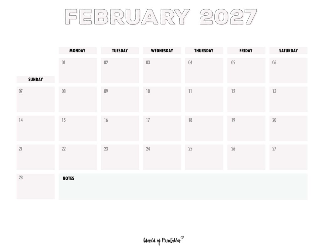 Printable February 2027 Calendar Design 254