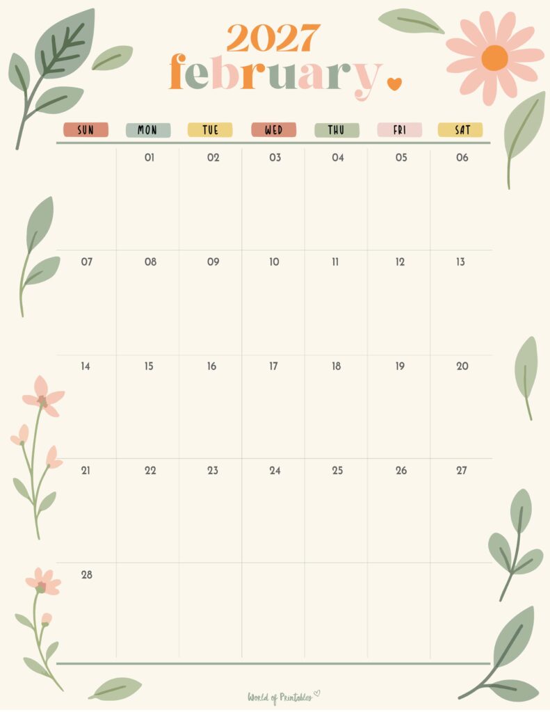 Printable February 2027 Calendar Design 345
