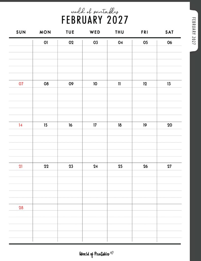 Printable February 2027 Calendar Design 373