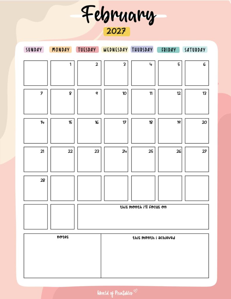Printable February 2027 Calendar Design 89