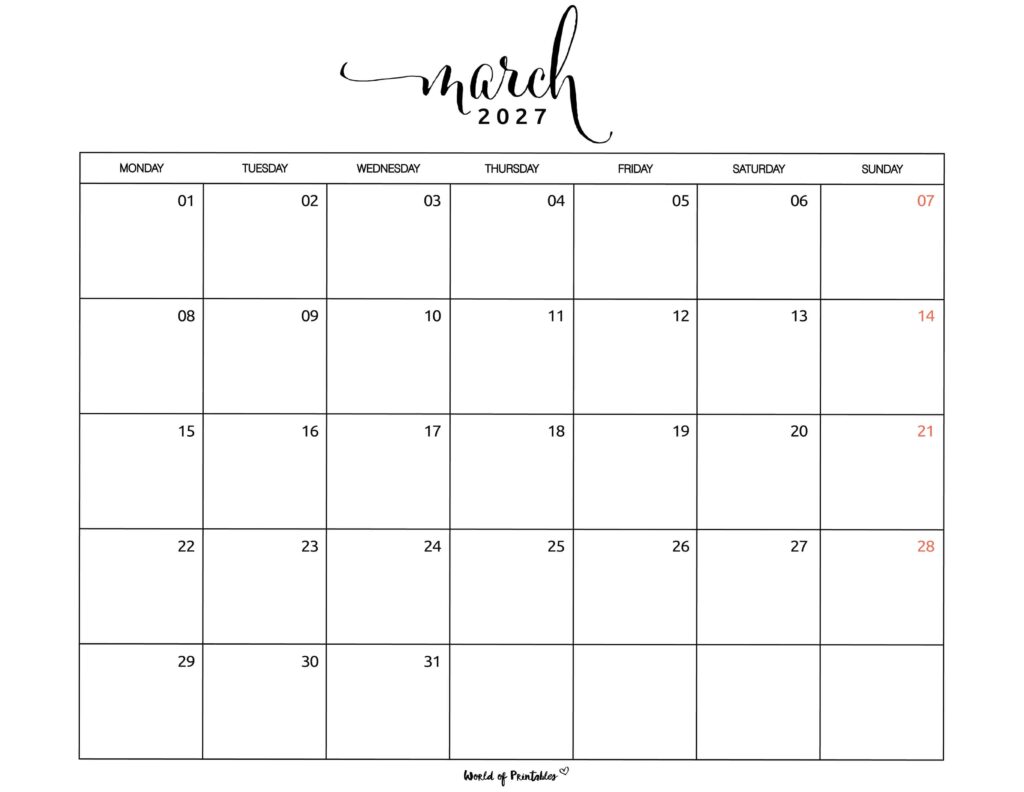 Printable March 2027 Calendar Design 1