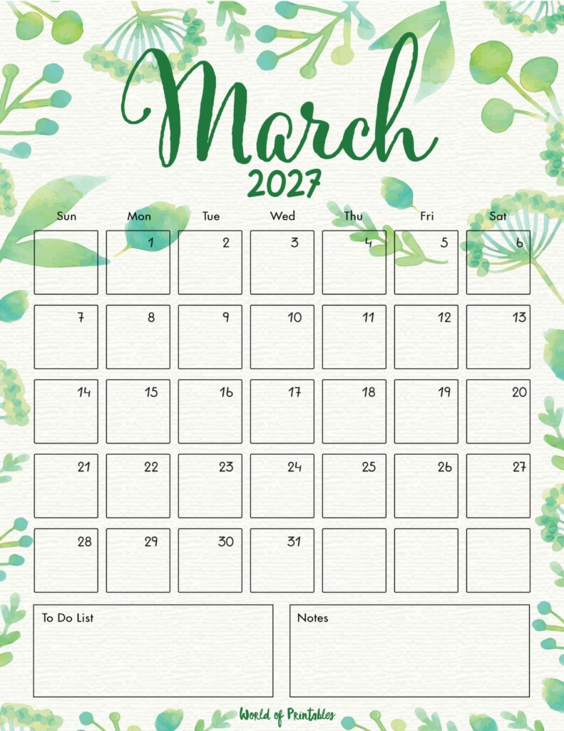 Printable March 2027 Calendar Design 100