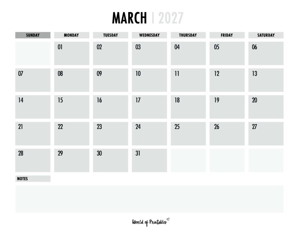 Printable March 2027 Calendar Design 101