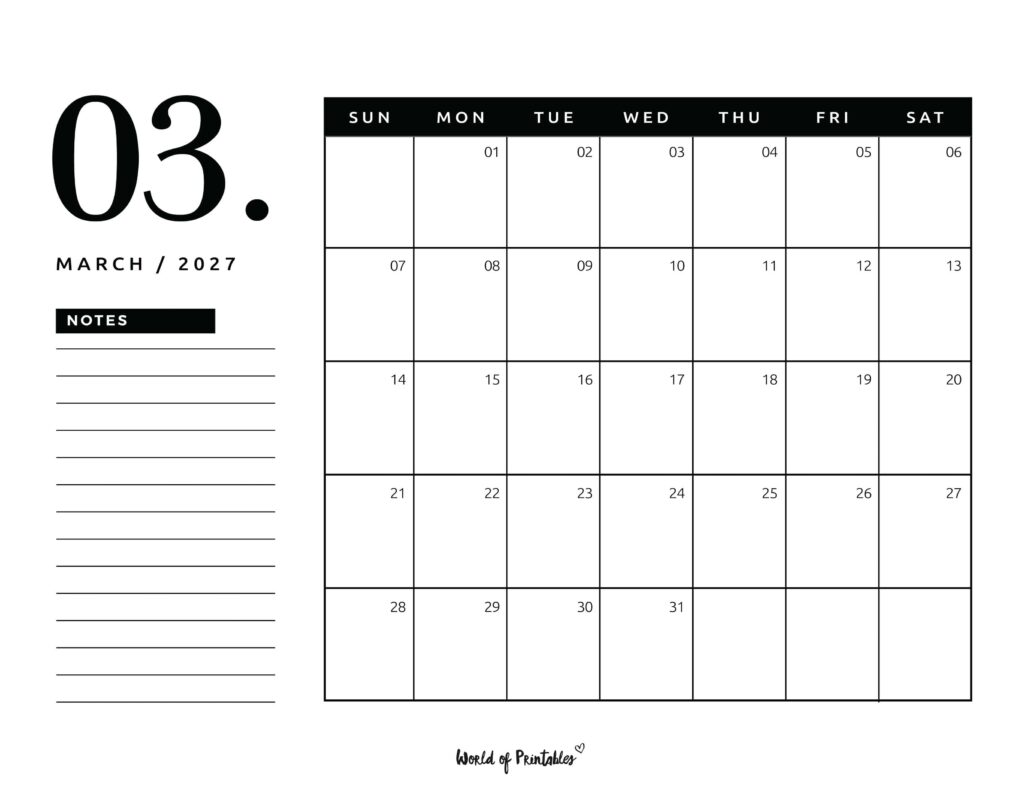 Printable March 2027 Calendar Design 105