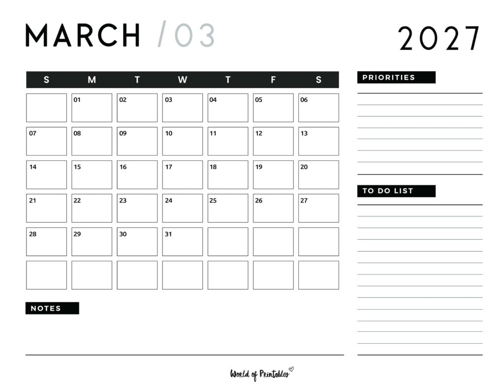 Printable March 2027 Calendar Design 107
