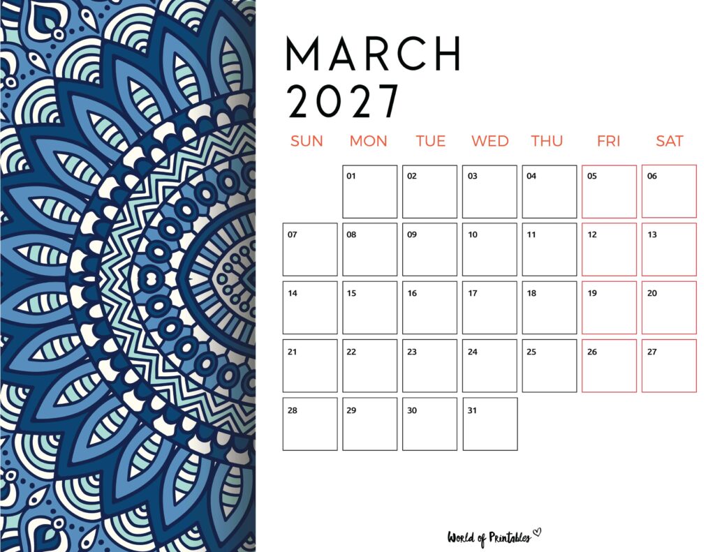 Printable March 2027 Calendar Design 116