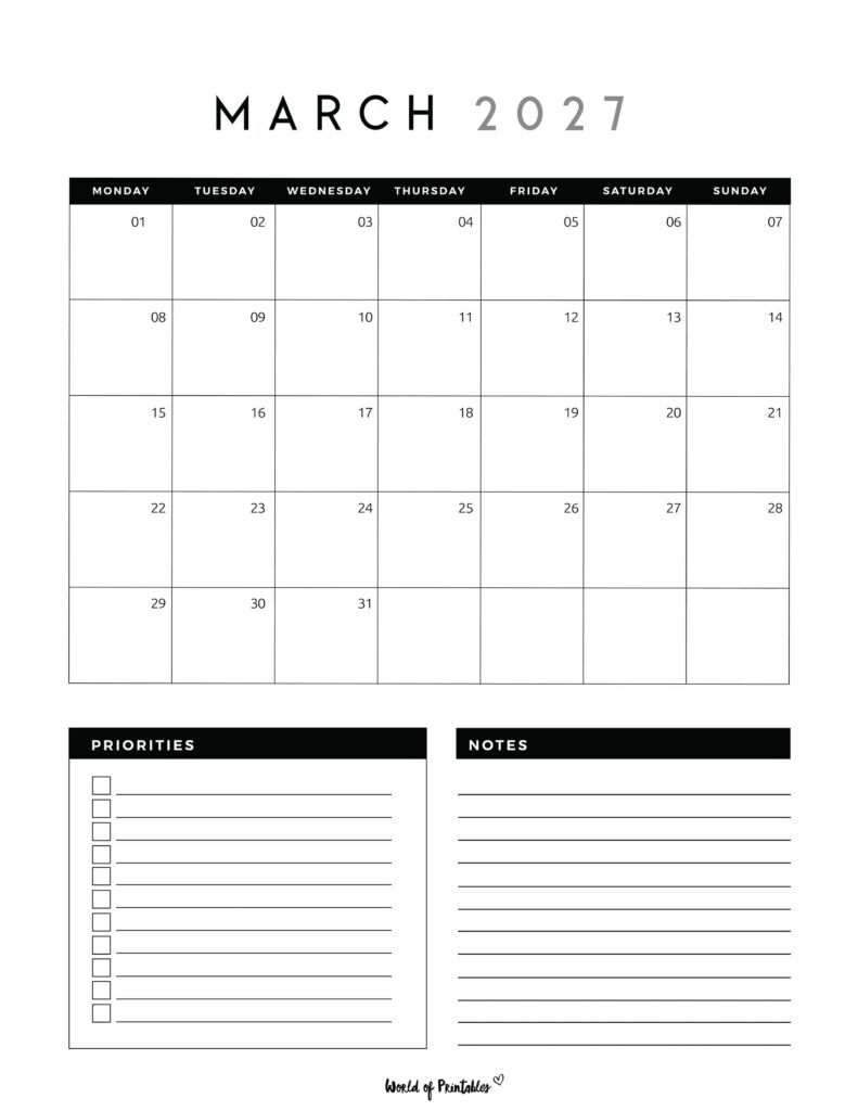 Printable March 2027 Calendar Design 123