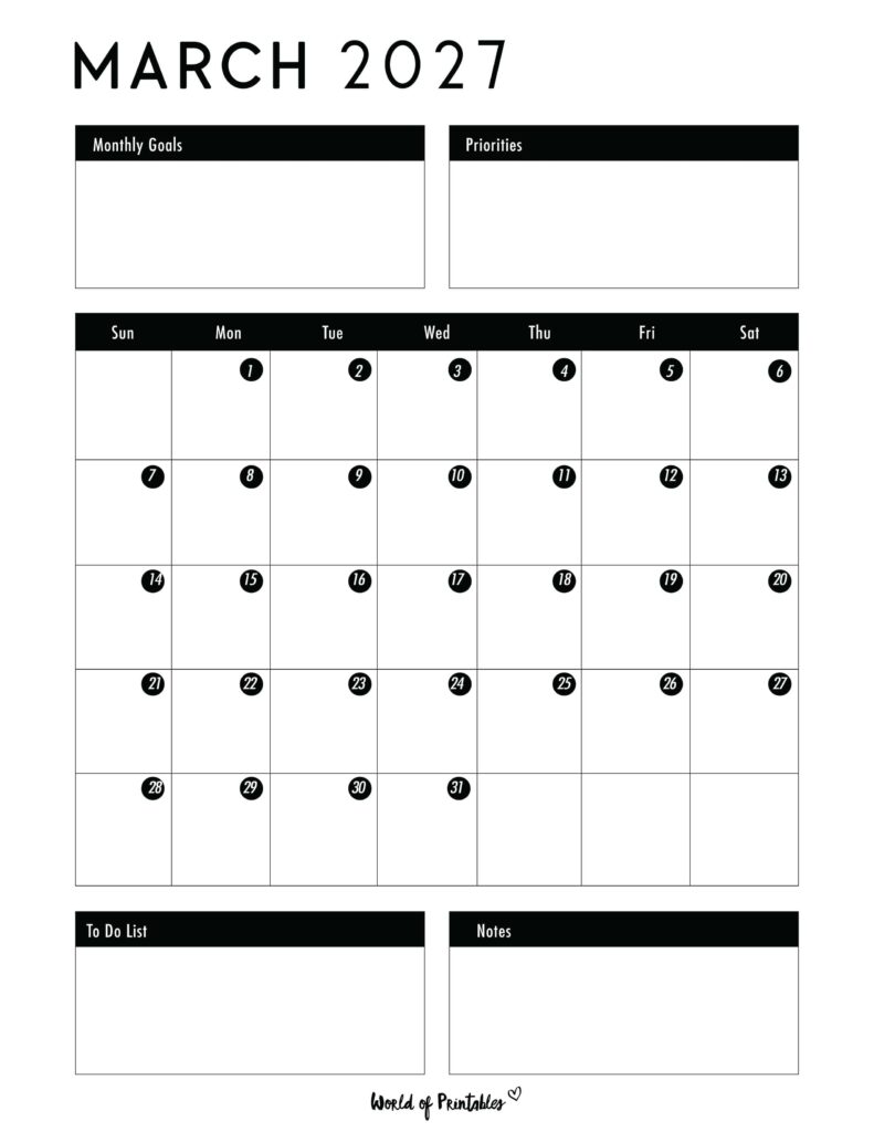 Printable March 2027 Calendar Design 124