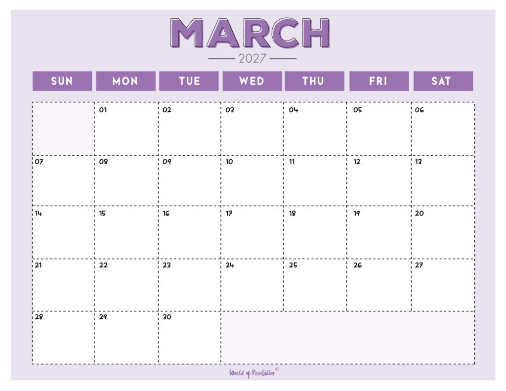 Printable March 2027 Calendar Design 210