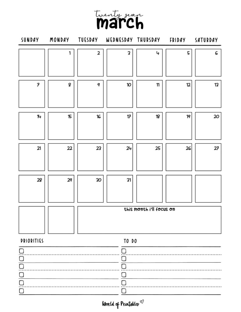Printable March 2027 Calendar Design 214